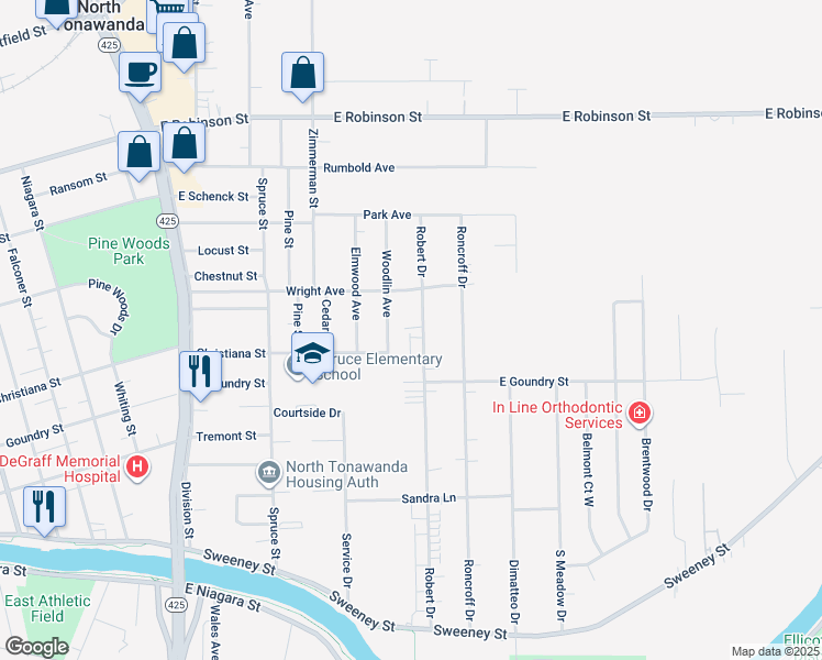 map of restaurants, bars, coffee shops, grocery stores, and more near 322 Robert Drive in North Tonawanda