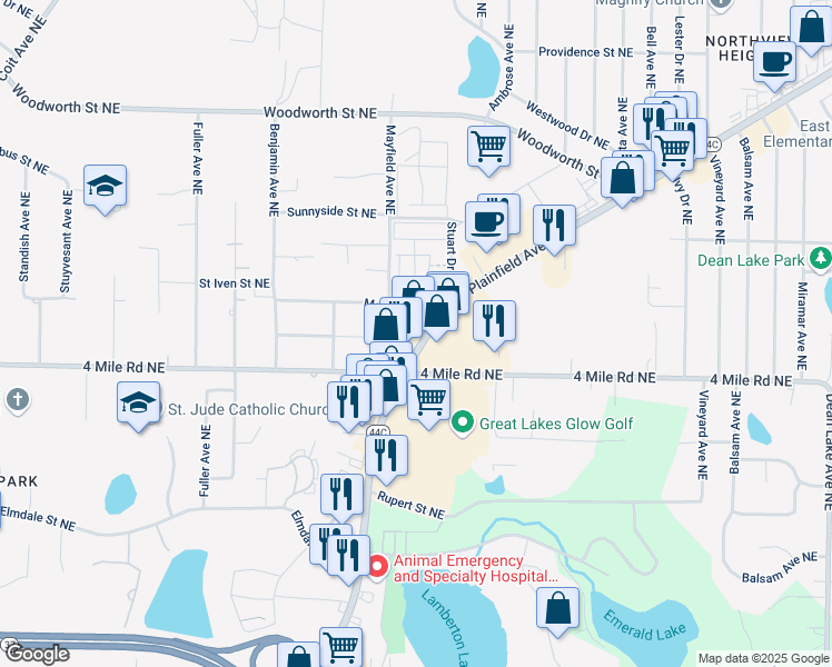 map of restaurants, bars, coffee shops, grocery stores, and more near 3610 Plainfield Ave NE in Grand Rapids