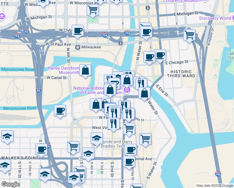 map of restaurants, bars, coffee shops, grocery stores, and more near 129 West Pittsburgh Avenue in Milwaukee