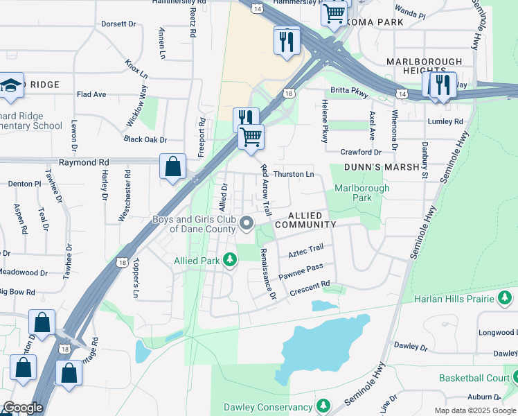 map of restaurants, bars, coffee shops, grocery stores, and more near 4602 Jenewein Road in Fitchburg