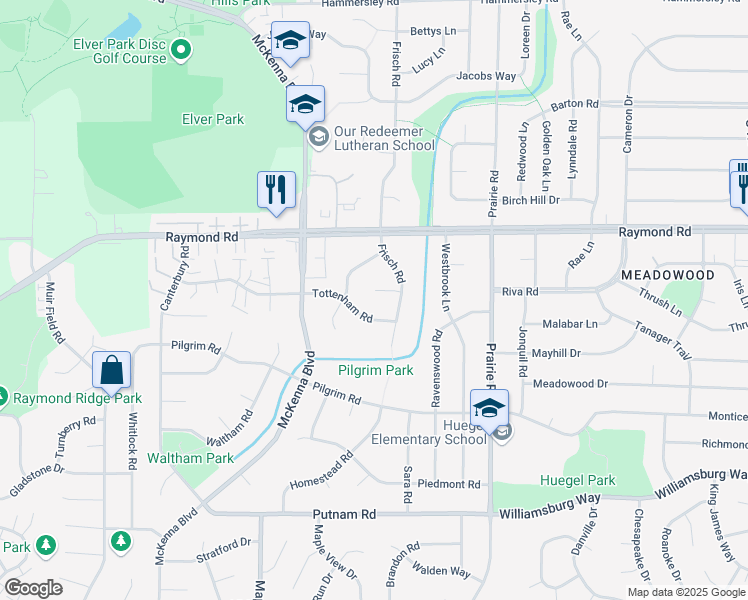 map of restaurants, bars, coffee shops, grocery stores, and more near 6517 Tottenham Road in Madison