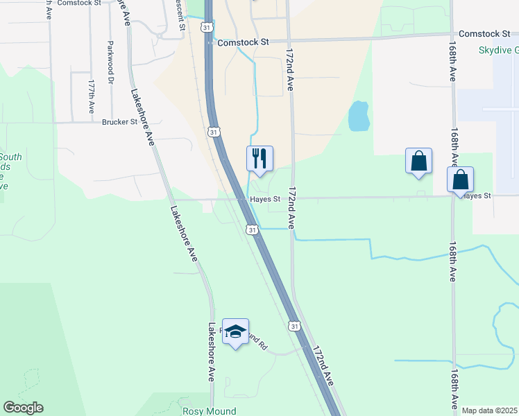 map of restaurants, bars, coffee shops, grocery stores, and more near 17250 Hayes Street in Grand Haven