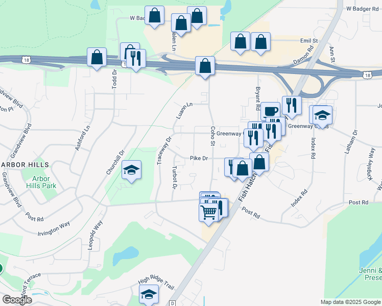 map of restaurants, bars, coffee shops, grocery stores, and more near 2016 Pike Drive in Fitchburg