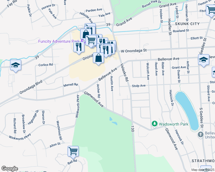 map of restaurants, bars, coffee shops, grocery stores, and more near 160 Sunhill Terrace in Syracuse