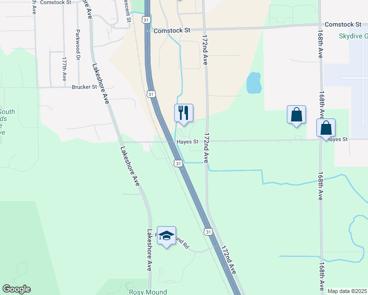 map of restaurants, bars, coffee shops, grocery stores, and more near 17250 Hayes Street in Grand Haven
