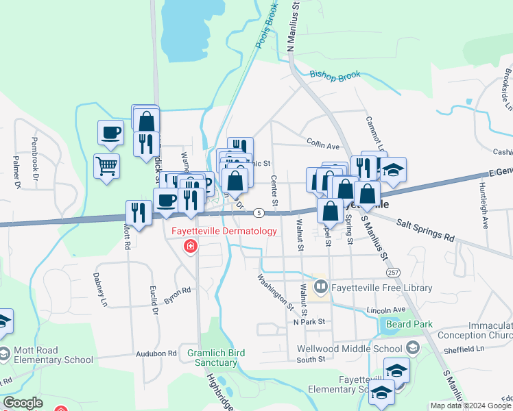 map of restaurants, bars, coffee shops, grocery stores, and more near 111 East Genesee Street in Fayetteville