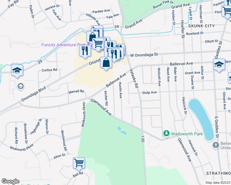 map of restaurants, bars, coffee shops, grocery stores, and more near 137 Sunhill Terrace in Syracuse