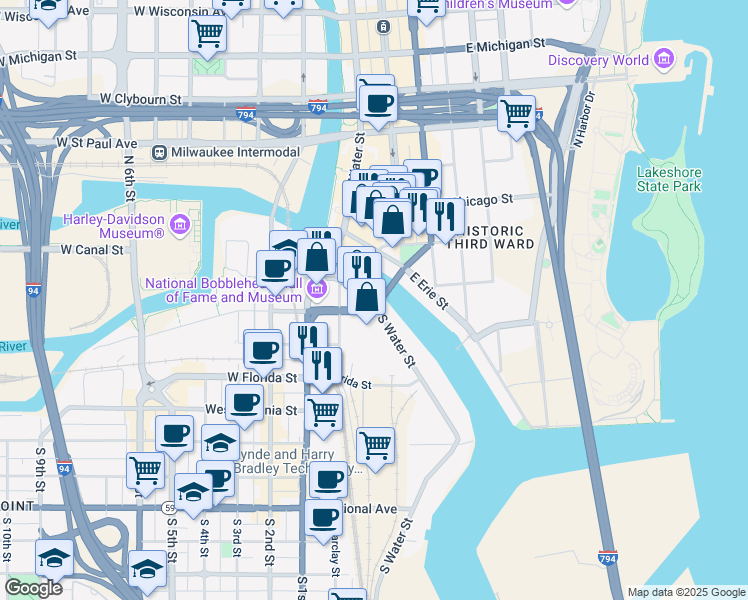 map of restaurants, bars, coffee shops, grocery stores, and more near 236 South Water Street in Milwaukee