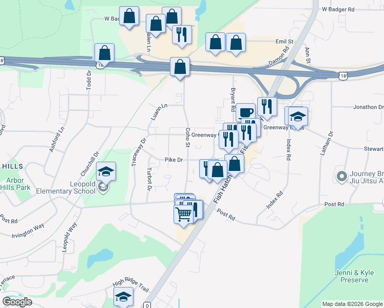 map of restaurants, bars, coffee shops, grocery stores, and more near 2861 Coho Street in Fitchburg