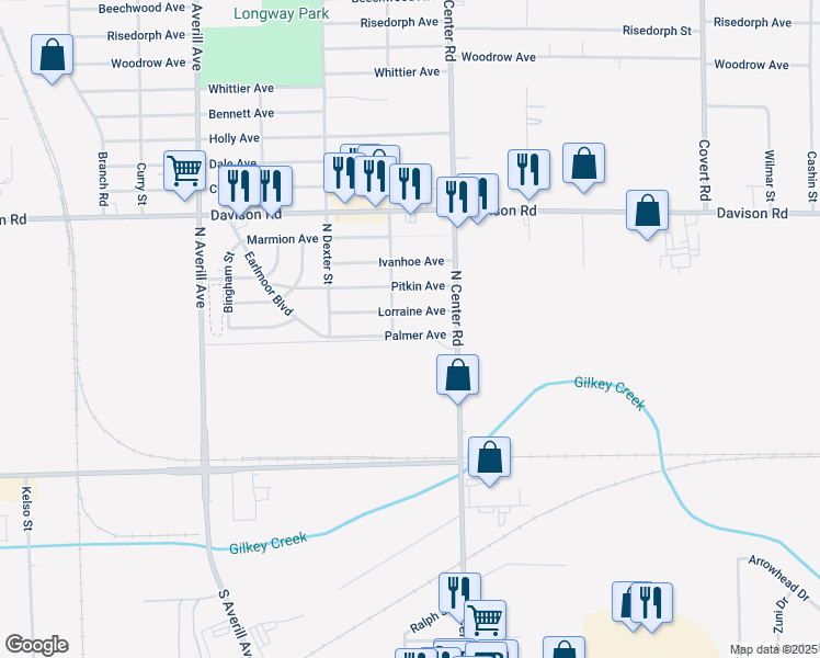 map of restaurants, bars, coffee shops, grocery stores, and more near 3817 Lorraine Avenue in Flint