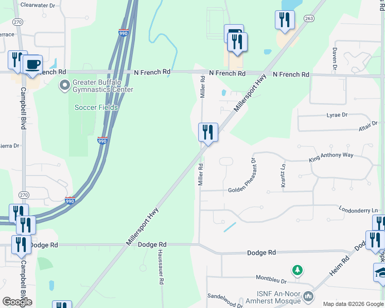 map of restaurants, bars, coffee shops, grocery stores, and more near 246 Miller Road in Getzville