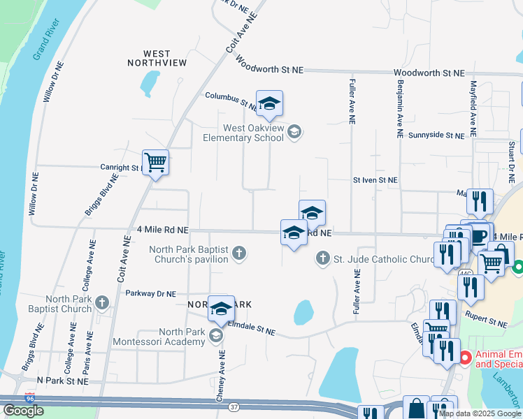 map of restaurants, bars, coffee shops, grocery stores, and more near 3624 Colonial Avenue Northeast in Grand Rapids