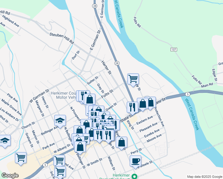 map of restaurants, bars, coffee shops, grocery stores, and more near 318 Steuben Street in Herkimer