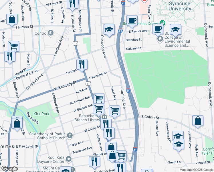 map of restaurants, bars, coffee shops, grocery stores, and more near 126 Baker Avenue in Syracuse