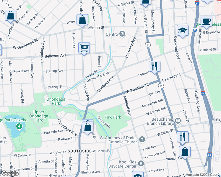 map of restaurants, bars, coffee shops, grocery stores, and more near 439 Cortland Avenue in Syracuse