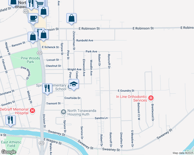 map of restaurants, bars, coffee shops, grocery stores, and more near 741 Wright Avenue in North Tonawanda