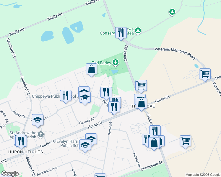 map of restaurants, bars, coffee shops, grocery stores, and more near 53 Mohegan Crescent in London