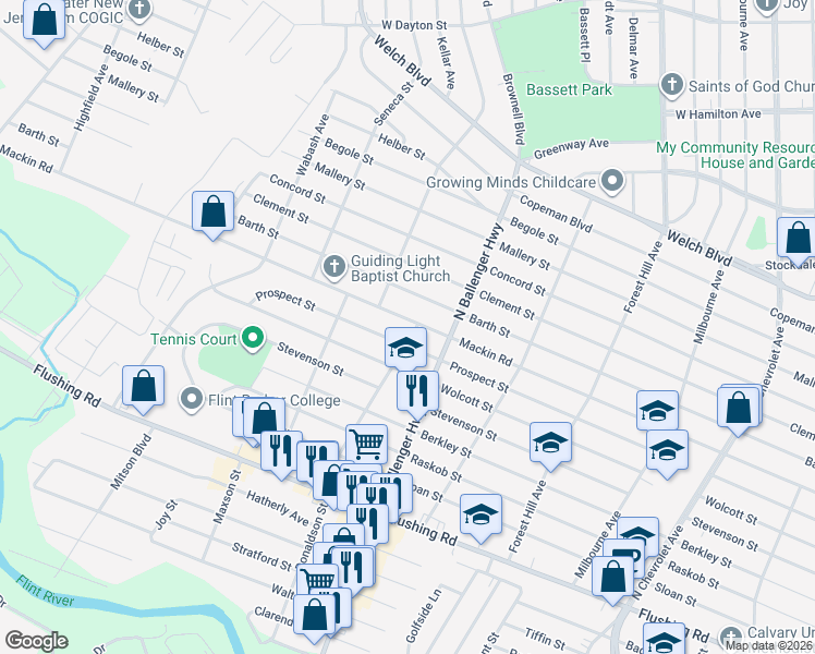 map of restaurants, bars, coffee shops, grocery stores, and more near 2931 Barth Street in Flint