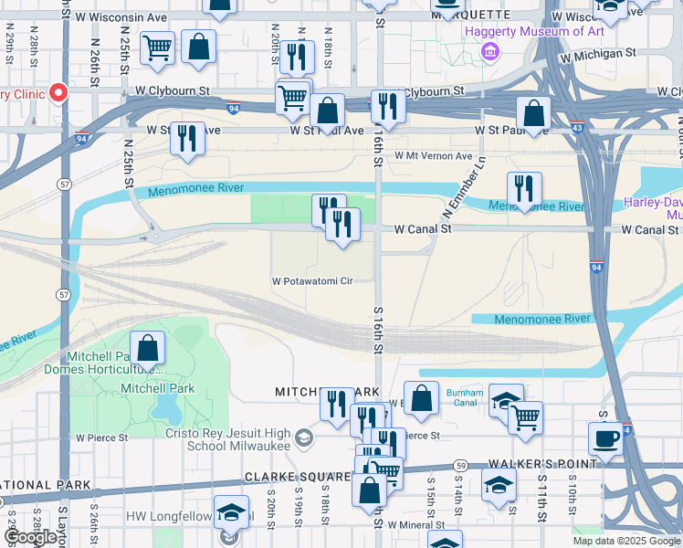 map of restaurants, bars, coffee shops, grocery stores, and more near 1721 West Canal Street in Milwaukee