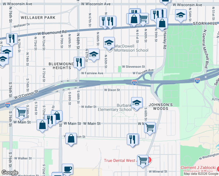 map of restaurants, bars, coffee shops, grocery stores, and more near 163 South 64th Street in Milwaukee