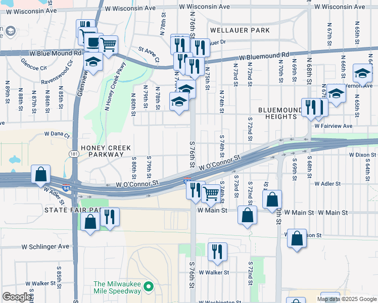 map of restaurants, bars, coffee shops, grocery stores, and more near 145 South 76th Street in Milwaukee