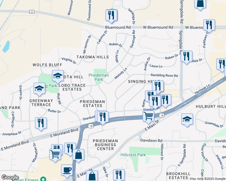 map of restaurants, bars, coffee shops, grocery stores, and more near 2109 Melody Lane in Waukesha