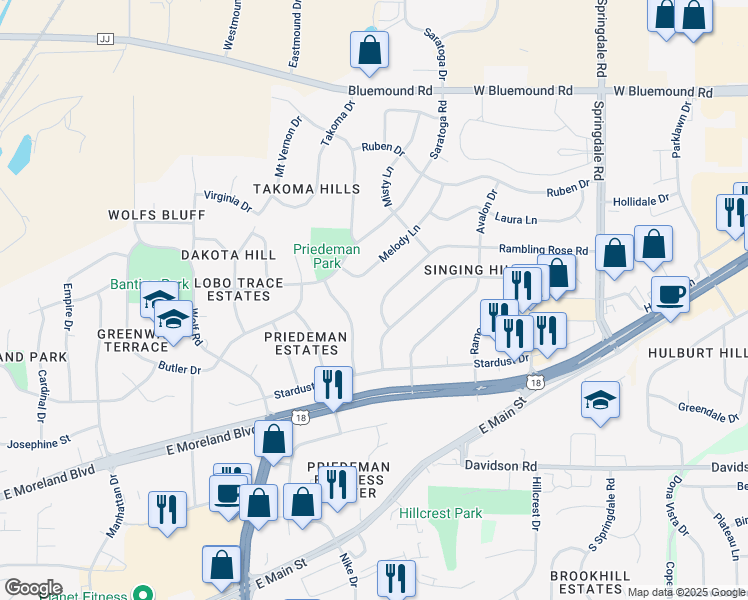 map of restaurants, bars, coffee shops, grocery stores, and more near 2109 Melody Lane in Waukesha