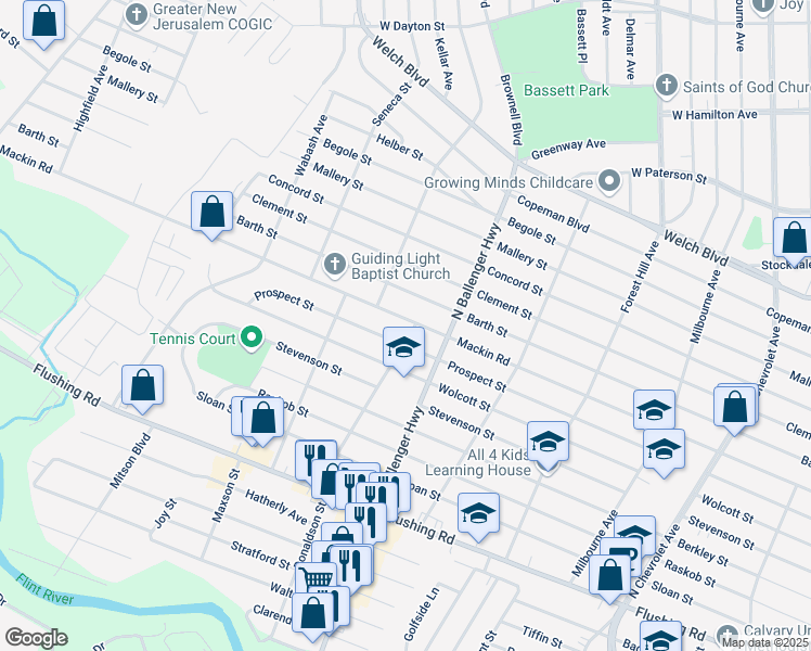 map of restaurants, bars, coffee shops, grocery stores, and more near 2931 Barth Street in Flint