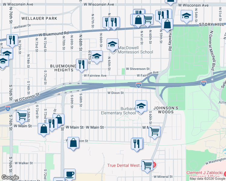 map of restaurants, bars, coffee shops, grocery stores, and more near 163 South 64th Street in Milwaukee