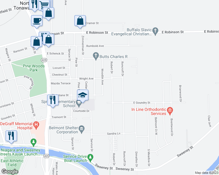 map of restaurants, bars, coffee shops, grocery stores, and more near 352 Robert Drive in North Tonawanda