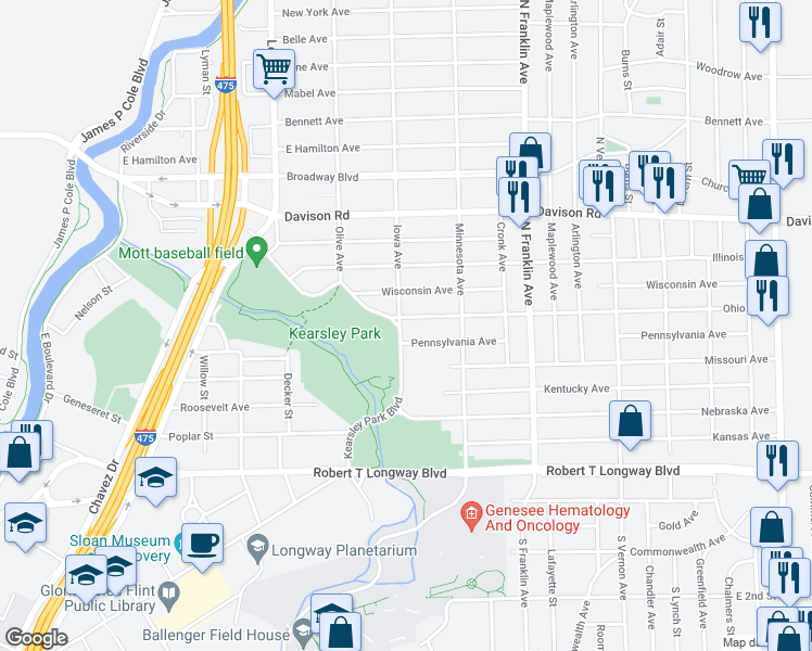 map of restaurants, bars, coffee shops, grocery stores, and more near 1605 Kearsley Park Boulevard in Flint