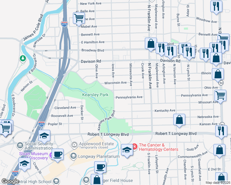 map of restaurants, bars, coffee shops, grocery stores, and more near 1605 Kearsley Park Boulevard in Flint