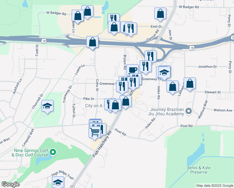 map of restaurants, bars, coffee shops, grocery stores, and more near 2831 Eggiman Road in Madison