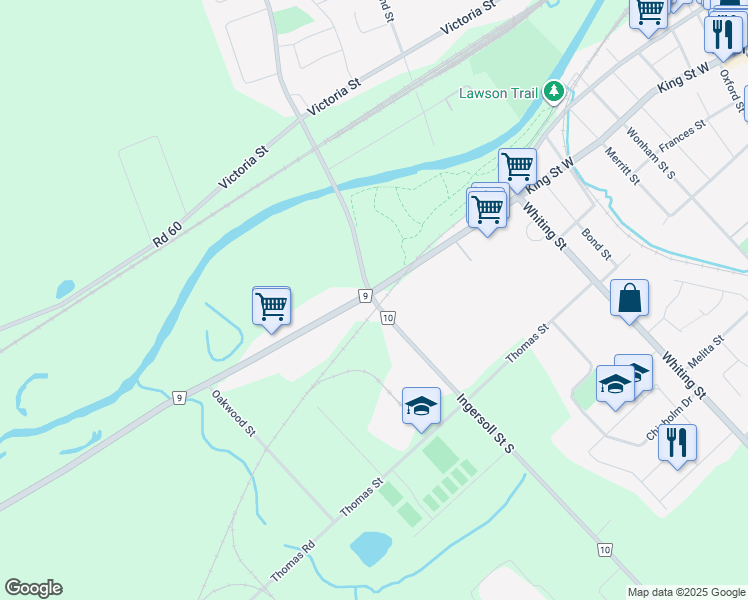 map of restaurants, bars, coffee shops, grocery stores, and more near 34 Ingersoll Street South in Ingersoll