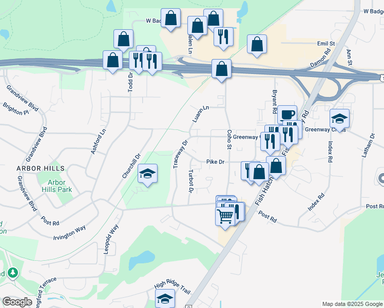 map of restaurants, bars, coffee shops, grocery stores, and more near 2218 Pike Drive in Madison