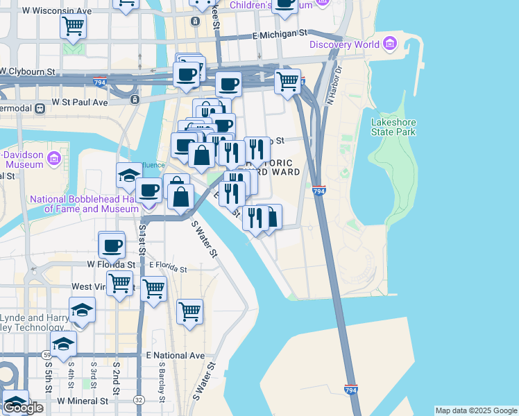 map of restaurants, bars, coffee shops, grocery stores, and more near 444 East Corcoran Street in Milwaukee