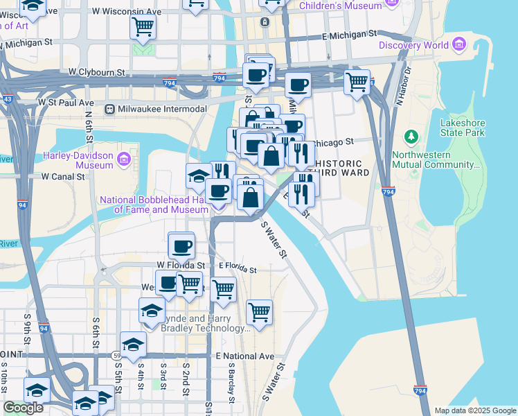 map of restaurants, bars, coffee shops, grocery stores, and more near 210 South Water Street in Milwaukee