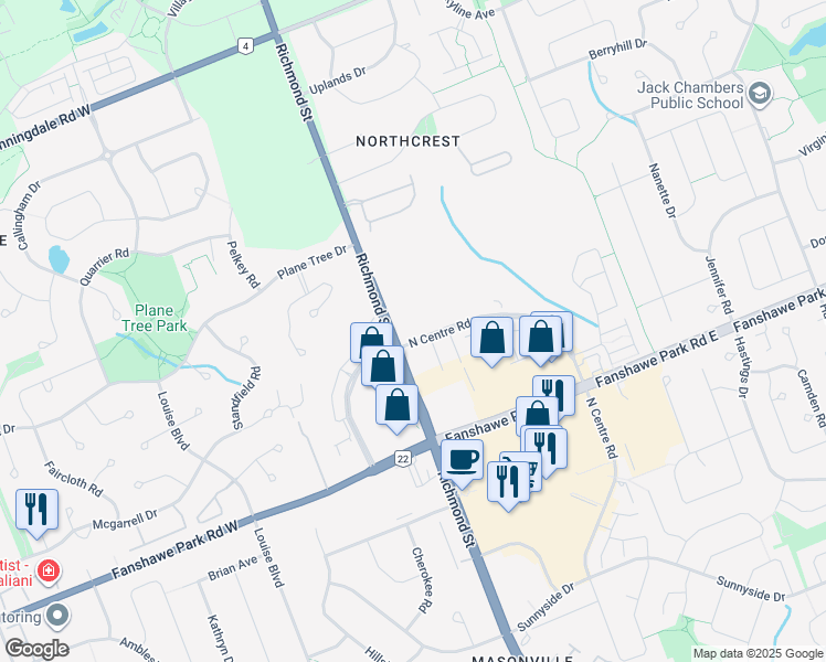 map of restaurants, bars, coffee shops, grocery stores, and more near 230 North Centre Road in London
