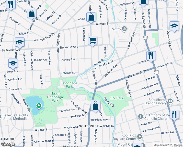 map of restaurants, bars, coffee shops, grocery stores, and more near 355 Hudson Street in Syracuse