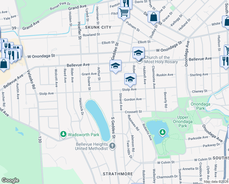 map of restaurants, bars, coffee shops, grocery stores, and more near 1709 South Geddes Street in Syracuse