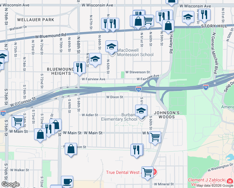 map of restaurants, bars, coffee shops, grocery stores, and more near 146 South 64th Street in Milwaukee