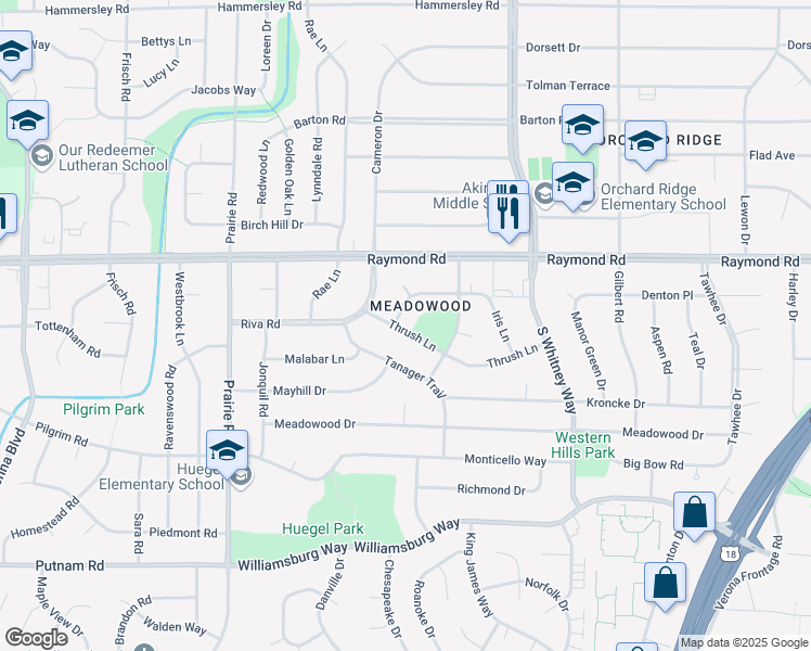 map of restaurants, bars, coffee shops, grocery stores, and more near 5834 Balsam Road in Madison