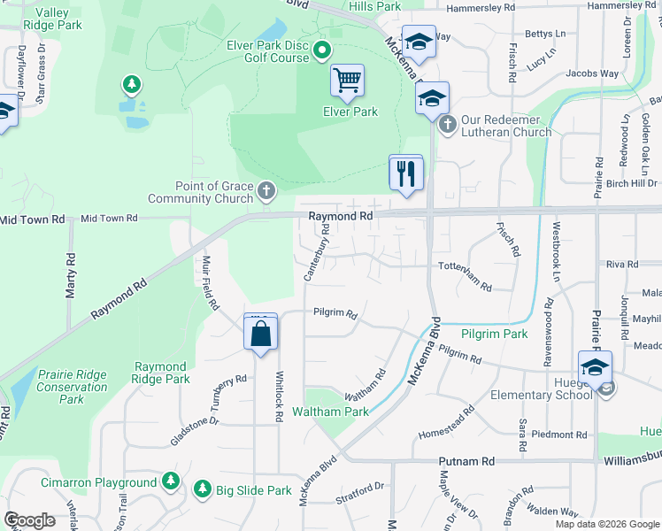 map of restaurants, bars, coffee shops, grocery stores, and more near 14 Springfield Court in Madison