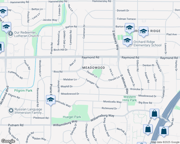 map of restaurants, bars, coffee shops, grocery stores, and more near 5826 Thrush Lane in Madison