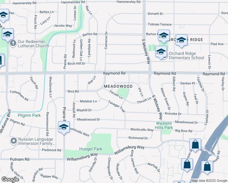 map of restaurants, bars, coffee shops, grocery stores, and more near 5834 Balsam Road in Madison