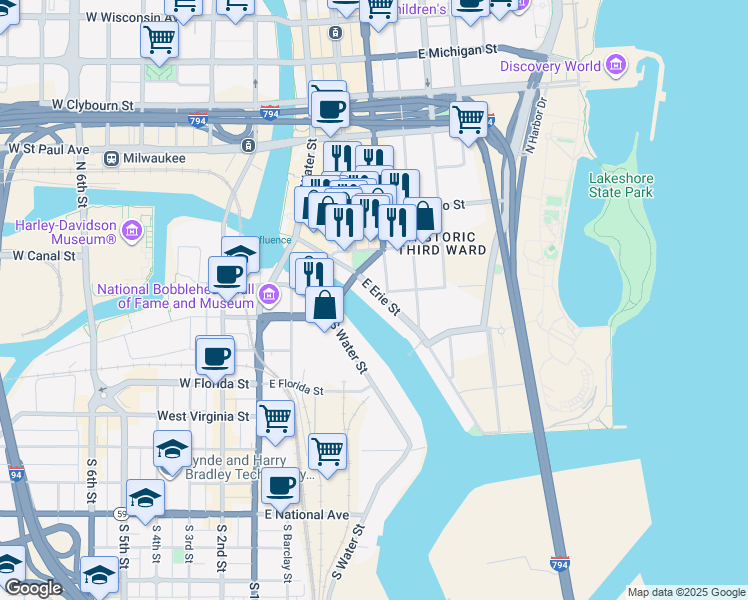 map of restaurants, bars, coffee shops, grocery stores, and more near 333 East Erie Street in Milwaukee