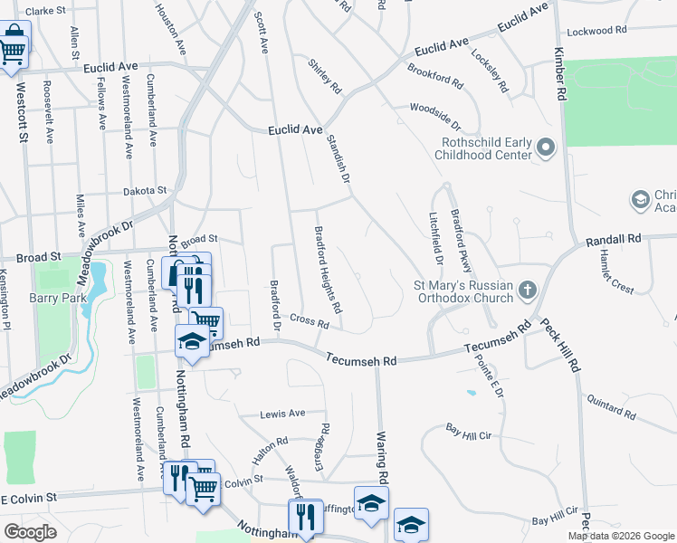 map of restaurants, bars, coffee shops, grocery stores, and more near 29 Cross Road in Syracuse