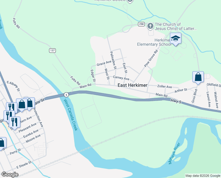 map of restaurants, bars, coffee shops, grocery stores, and more near 183 Main Road in Herkimer