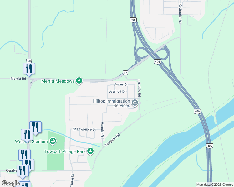 map of restaurants, bars, coffee shops, grocery stores, and more near 17 Overholt Drive in Thorold