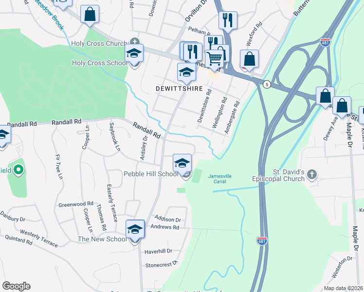 map of restaurants, bars, coffee shops, grocery stores, and more near 7 Pebble Hill Road North in Syracuse